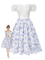 2PCS hauts bouffants blancs épaules dénudées et jupe fleurie bleue années 1950