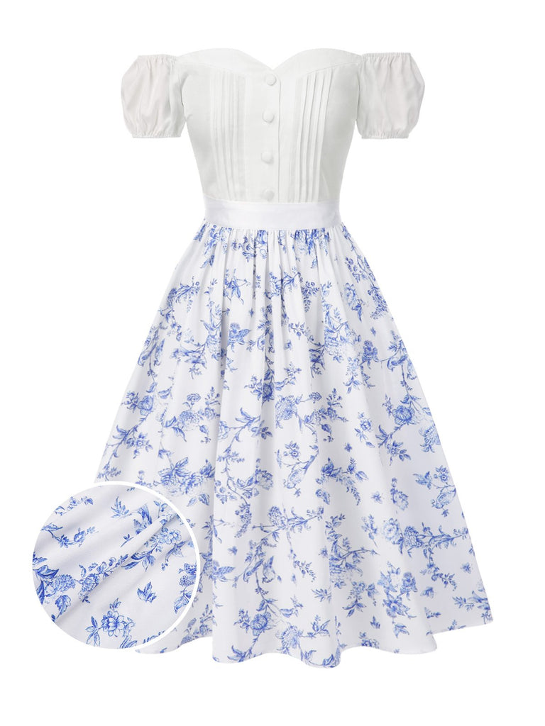 2PCS hauts bouffants blancs épaules dénudées et jupe fleurie bleue années 1950