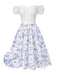 2PCS hauts bouffants blancs épaules dénudées et jupe fleurie bleue années 1950