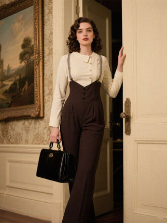 Ensemble chemisier coton et pantalon bretelles années 1930