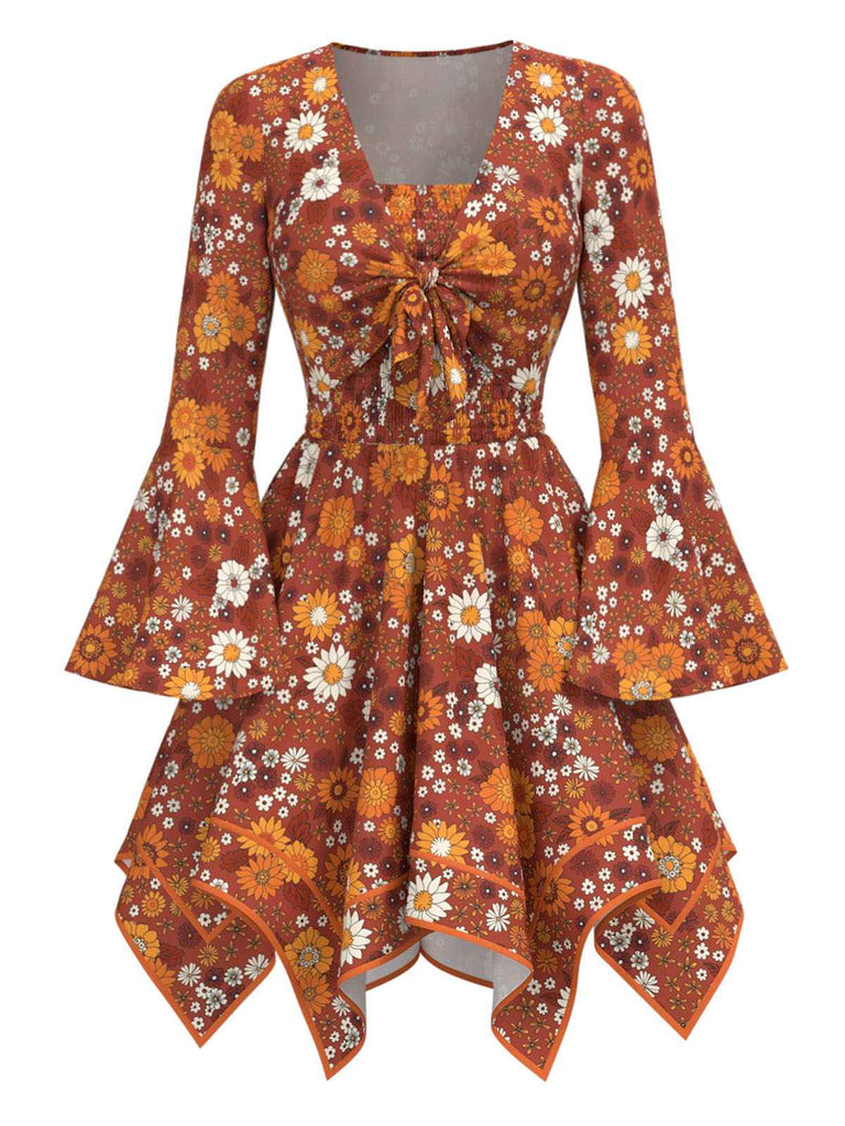 2PCS hauts manches cloche et robe à bretelles marguerite hippie orange des années 1970