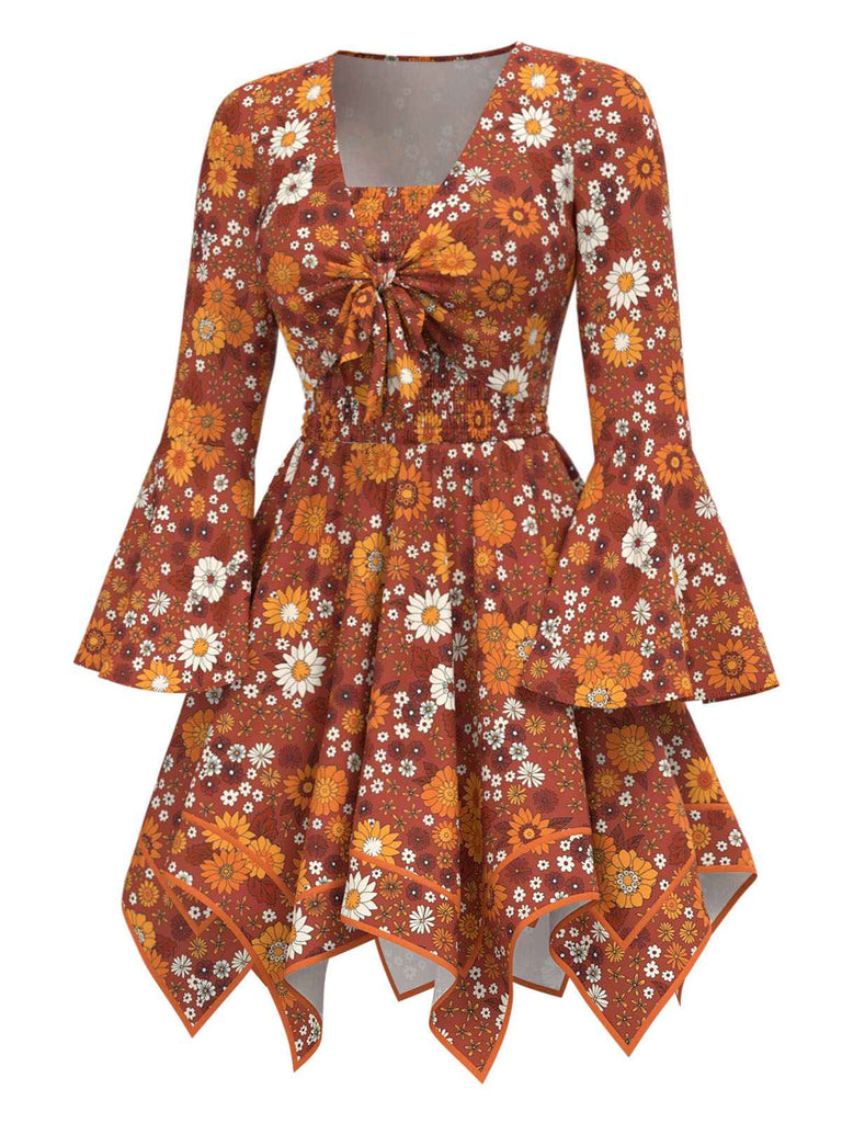 2PCS hauts manches cloche et robe à bretelles marguerite hippie orange des années 1970