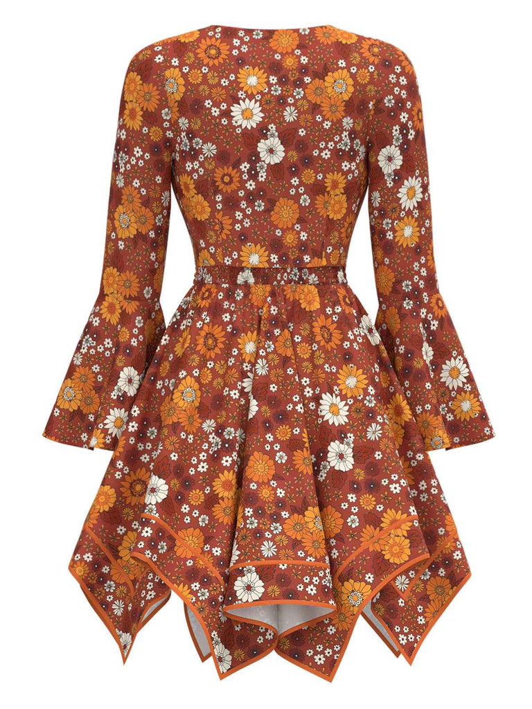 2PCS hauts manches cloche et robe à bretelles marguerite hippie orange des années 1970