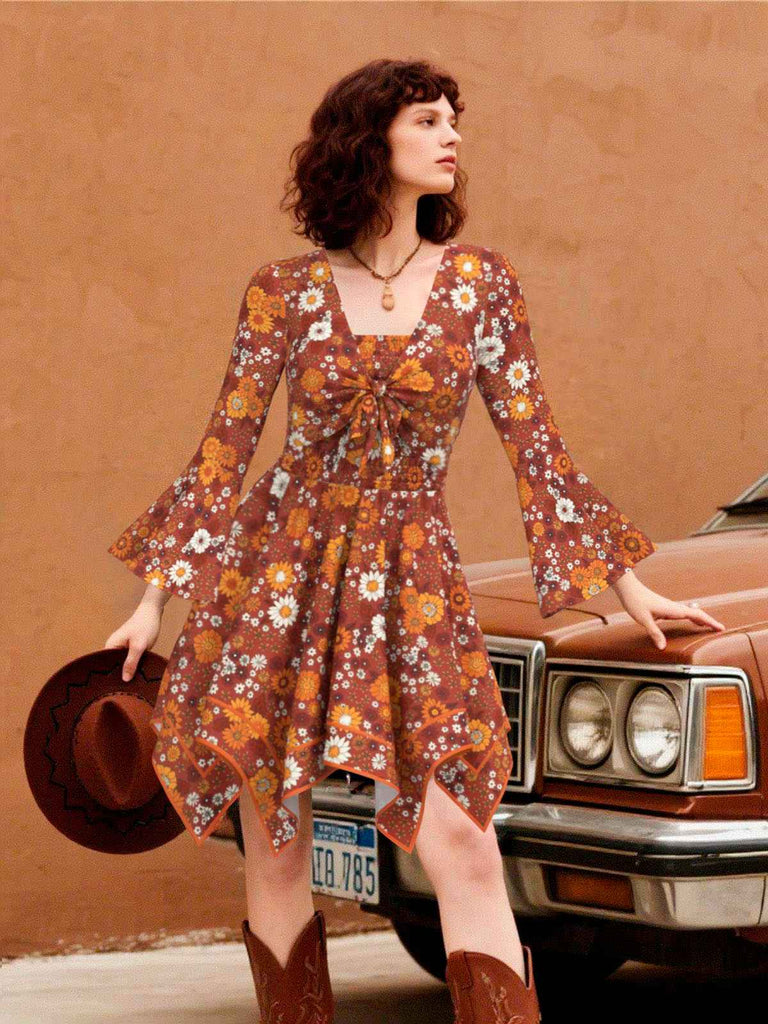 2PCS hauts manches cloche et robe à bretelles marguerite hippie orange des années 1970