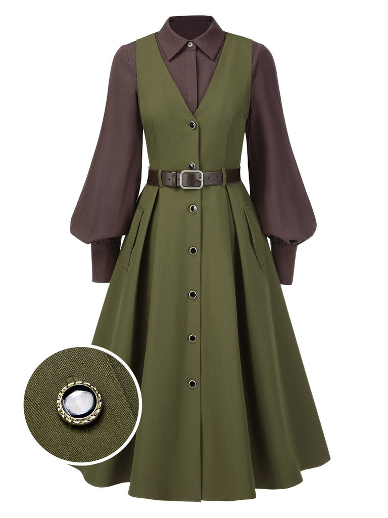 2PCS chemisier à manches lanternes et gilet à poches des années 1950