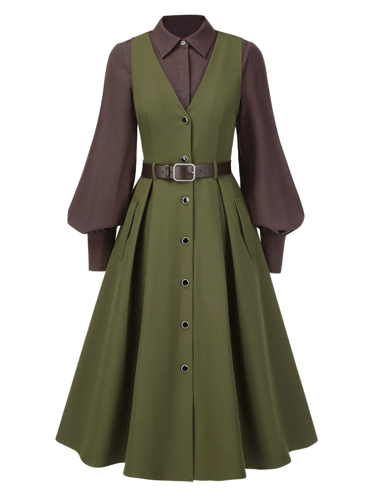 2PCS chemisier à manches lanternes et gilet à poches des années 1950