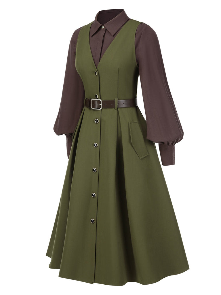 2PCS chemisier à manches lanternes et gilet à poches des années 1950