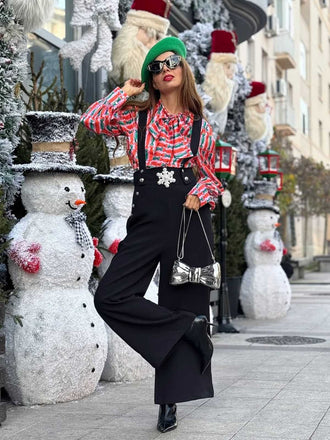 2PCS Chemisier Ă  nouer Candy et pantalon Ă  bretelles noir