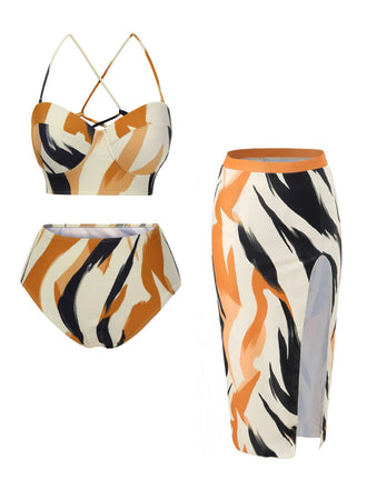 2PCS Maillot de bain à lacets et cache-maillot motif artistique multicolores années 1960