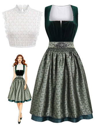 3PCS Robe Col Carré Velours Dentelle Jacquard Tablier Vert Années 1950