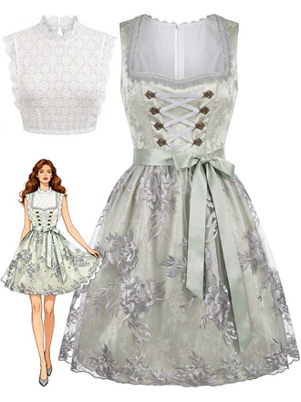 Ensemble 2PCS bleu avec robe florale en dentelle à col carré et laçage, tablier et top Années 1950