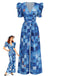 Combinaison col V manches bouffantes bleue 1940s