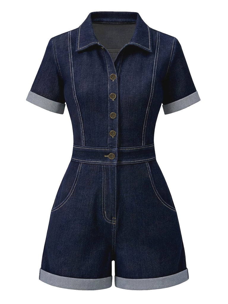 Combishort jean bleu col chemise 1960s