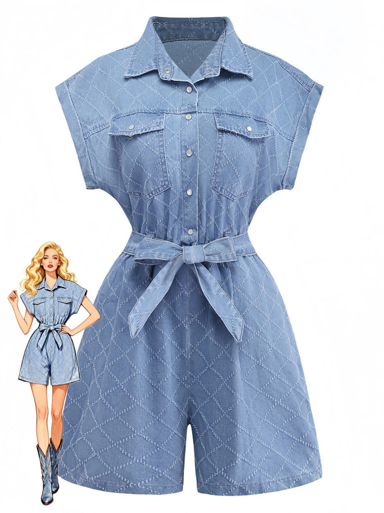 Combishort utilitaire en jean bleu avec boutons années 1980
