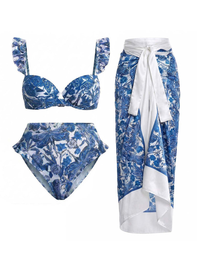 [Prévente] Ensemble 2 Pièces Bikini Imprimé Libellule & Cache-Maillot Bleu Foncé Années 1960