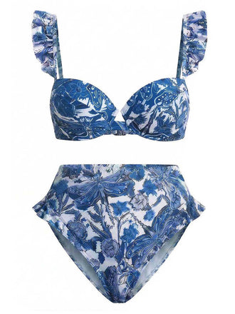 [Prévente] Ensemble 2 Pièces Bikini Imprimé Libellule & Cache-Maillot Bleu Foncé Années 1960 2