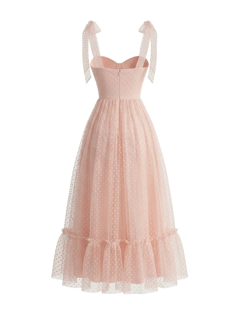 Robe Longue à Manches Bouffantes Plumetis Rose Foncé Années 1950