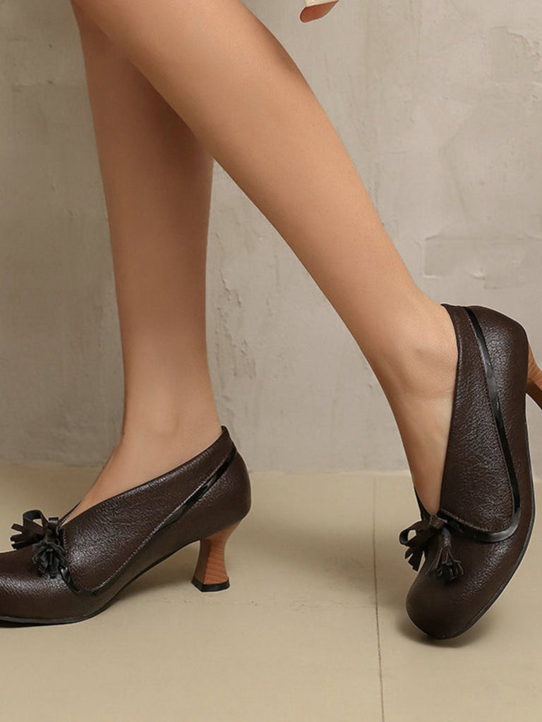 Chaussures rétro à nœud en PU, bout rond et talon compensé