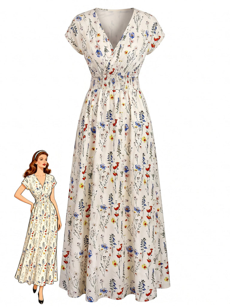 Robe Trapèze Florale à Volants Col Marin années '60