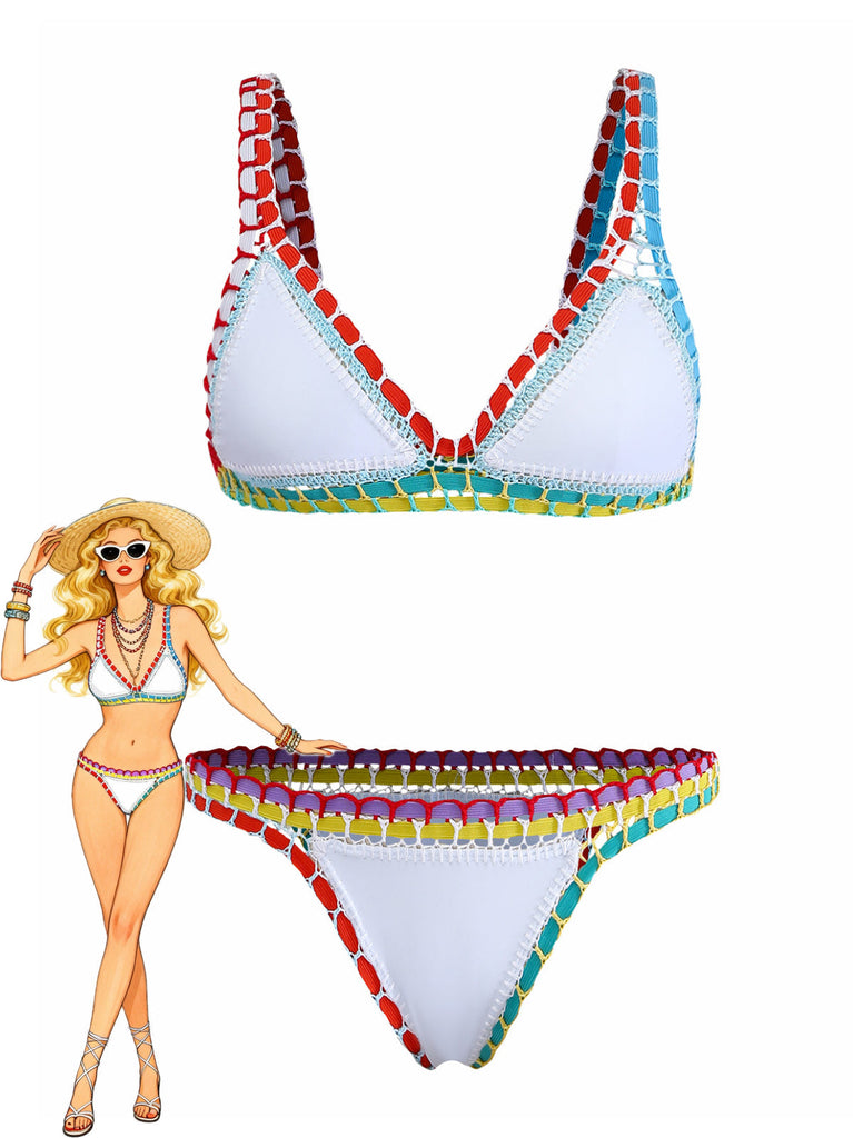 Blanc Coloré Tricot Halter Ensemble Bikini Années 1950