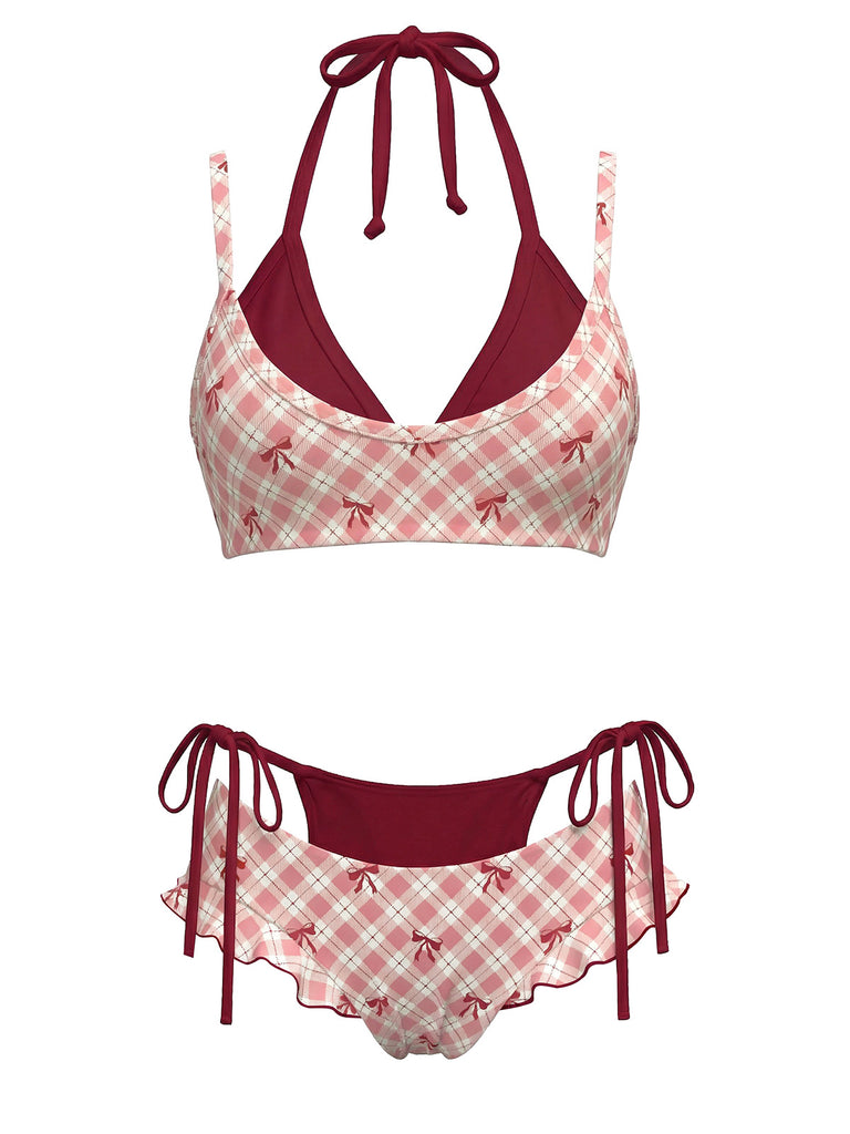Ensemble bikini double épaisseur à carreaux Jaune nœud et dos nu années 50