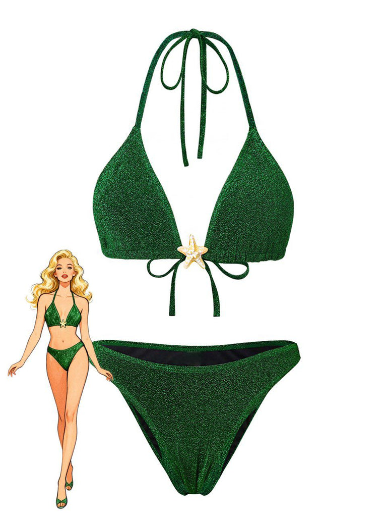 Devant : Ensemble bikini vert à sequins et étoiles de mer, style vintage élégant des années 1940, parfait pour les passionnées de mode vintage.