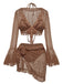 Un ensemble bikini 3 pièces avec un paréo en dentelle à manches cloche d'un riche brun chocolat.