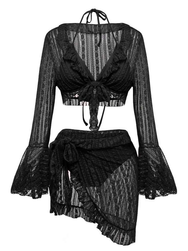 Vues de face et de dos de l'ensemble bikini 3 pièces à manches cloche, élégant en noir.