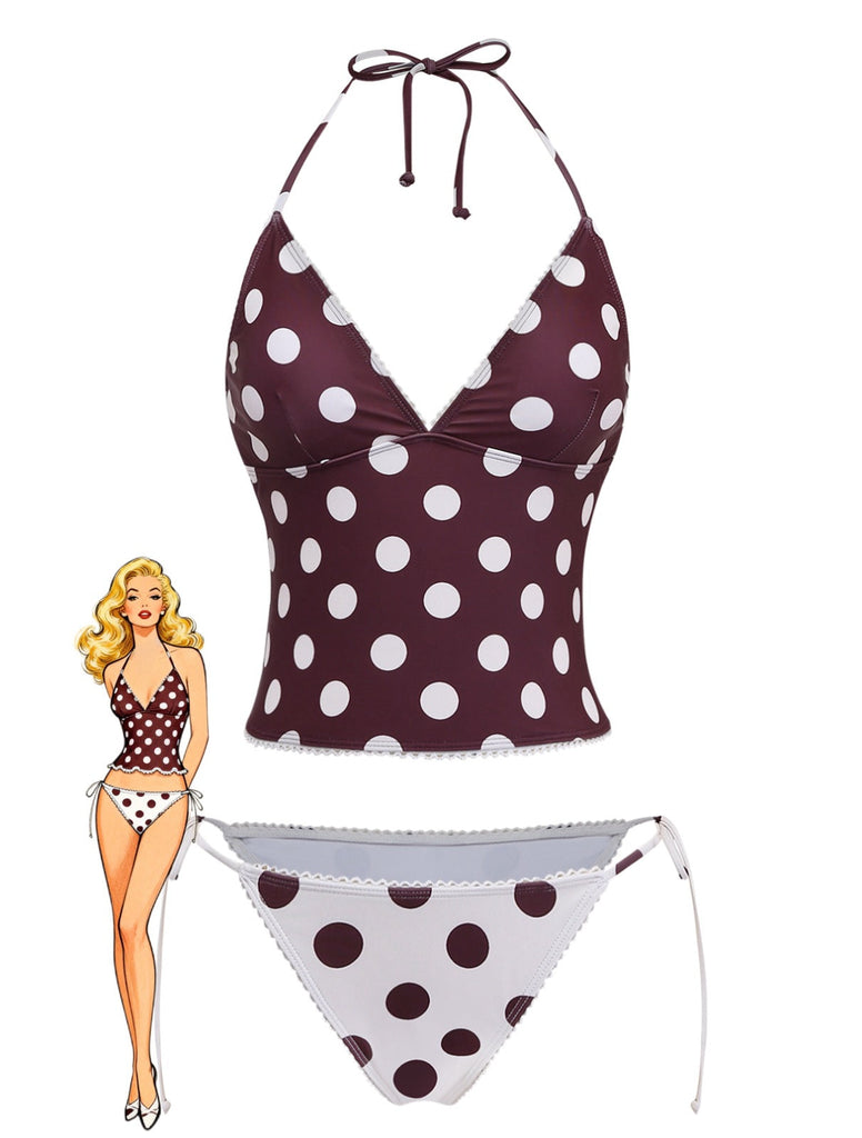Ensemble maillot de bain à pois avec une illustration vintage d'une femme sur fond blanc