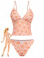 Ensemble tankini orange à imprimé floral et décolleté en V profond années 1970
