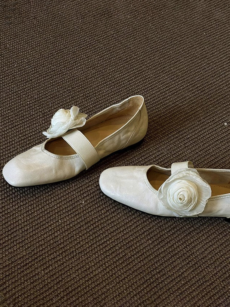 Chaussures Mary Jane Plates en Fausse Peau d'Agneau avec Fleurs 3D Amovibles 3