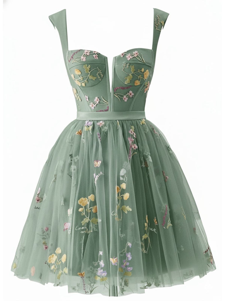 Robe courte verte en dentelle florale brodée années 1970