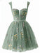 Robe courte verte en dentelle florale brodée années 1970