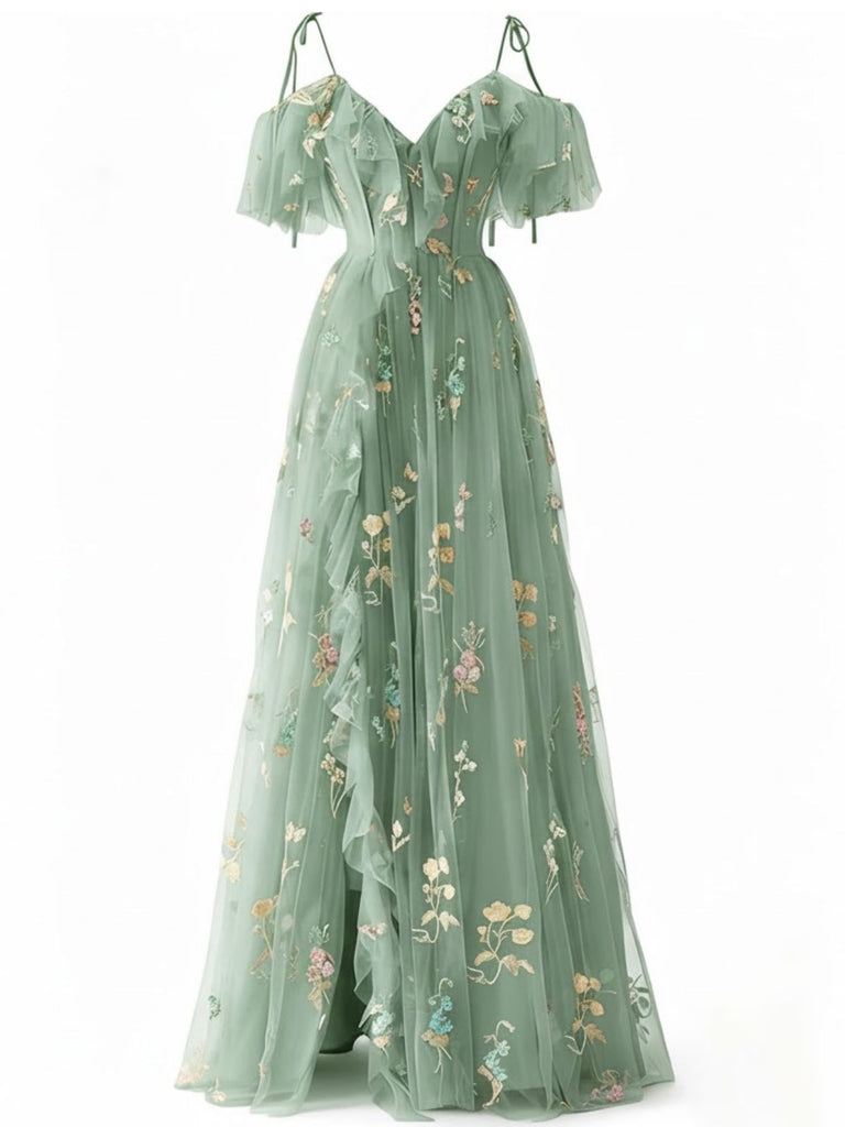 [Prévente] Robe fendue en tulle Lac Verte brodé de fleurs années 1970
