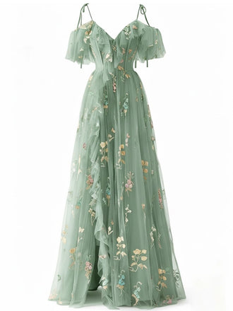 [Prévente] Robe fendue en tulle Lac Verte brodé de fleurs années 1970