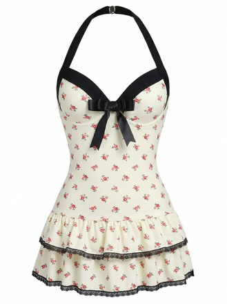 Maillot de bain une pièce Violette à pois et nœud des années 1940