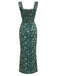 Robe Smockée Col Carré Fendue à Petites Fleurs Vert Années 30