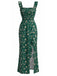 Robe Smockée Col Carré Fendue à Petites Fleurs Vert Années 30
