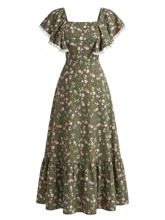 Robe Florale Col Carré Manches à Volants Verte Années 1940 2