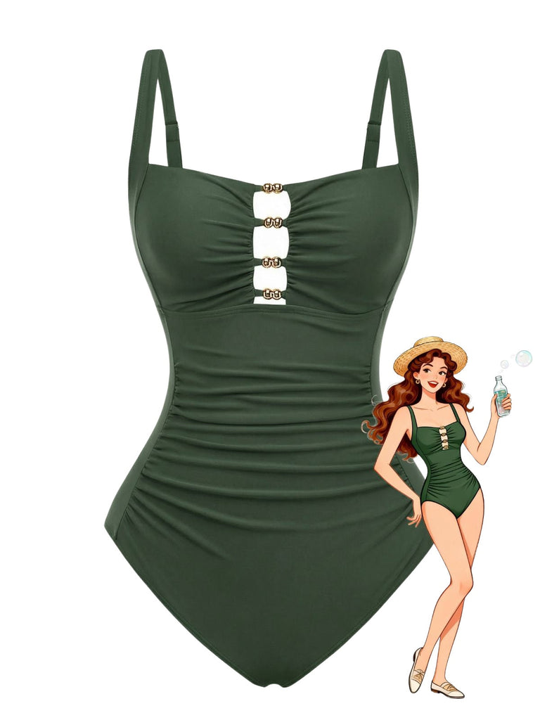 Froncé Découpé Tummy Control Maillot de Bain Une Pièce Années 1950