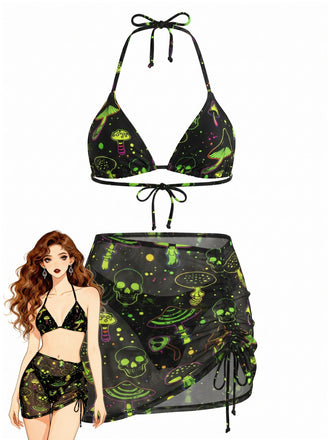 Gothique Champignon Crâne Dos-Nu Résille Ensemble Bikini Verte Années 1960