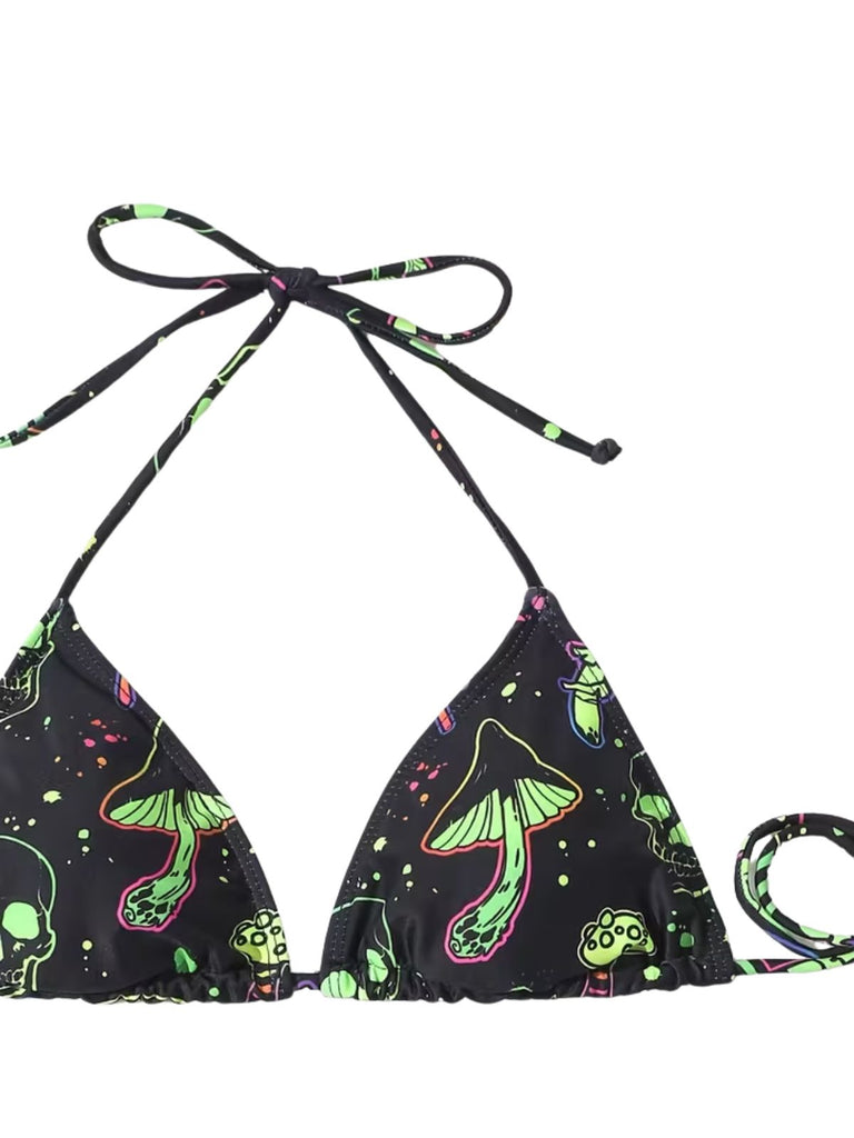 Gothique Champignon Crâne Dos-Nu Résille Ensemble Bikini Verte Années 1960 6