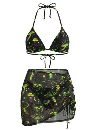 Gothique Champignon Crâne Dos-Nu Résille Ensemble Bikini Verte Années 1960 2