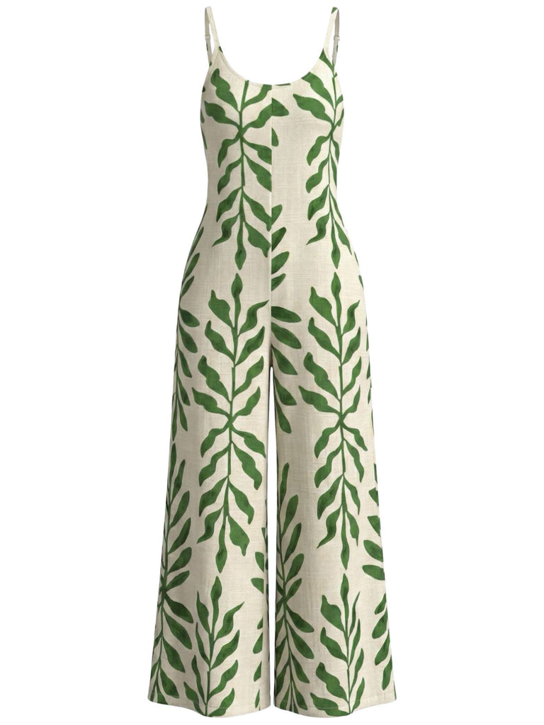 Combinaison à Bretelles Fines Imprimé Feuilles Tropicales à Jambes Larges Verte Années 1960 2