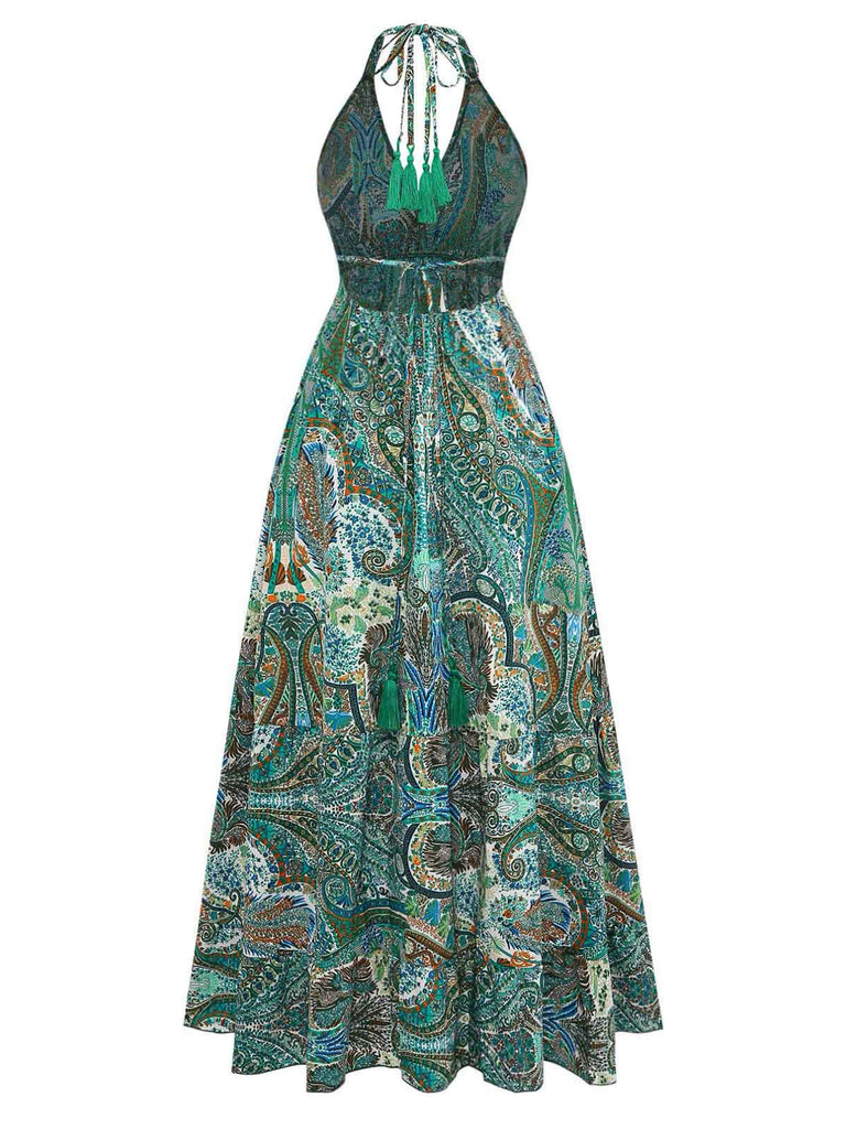 Robe Longue Paisley Halter Col V Profond Dos Nu Verte Années 1970 3