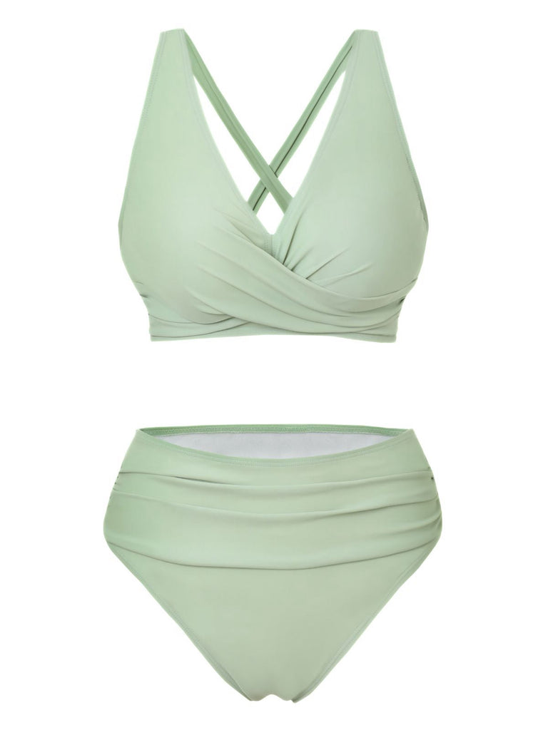 Vintage wrap bikini with crisscross top and high waist bottoms in 1950s retro style