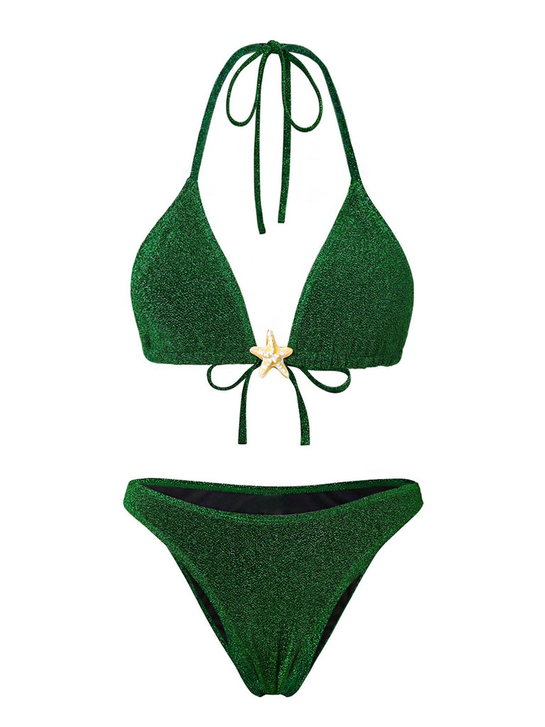 Front: Green 1940s Solid Starfish Sequined Bikini Set, vintage charm, perfect for vintage fashion lovers