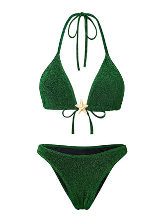 Front: Green 1940s Solid Starfish Sequined Bikini Set, vintage charm, perfect for vintage fashion lovers