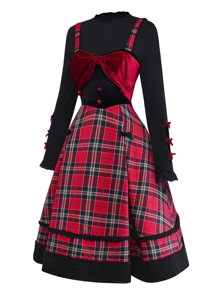 [Prévente] 2PCS Haut à col roulé en velours et robe à carreaux à nœud années 1950