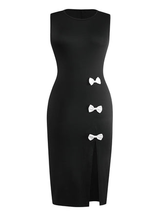 Robe crayon noire sans manches nœuds papillon latéral et fente des années 1950
